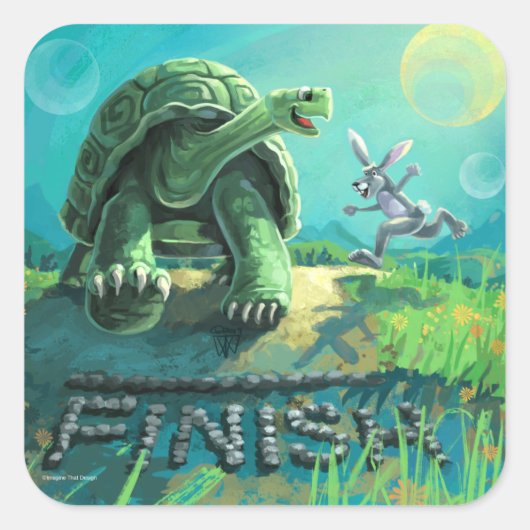 Tortoise en de Hare Art Vierkante Sticker (Voorkant)