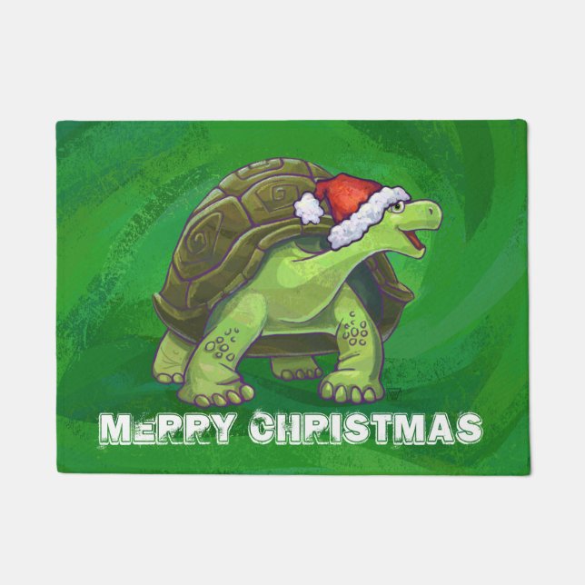 Tortoise in Santa Hat op groen Deurmat (Voorkant)