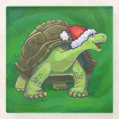 Tortoise in Santa Hat op groen Glazen Onderzetter (Voorkant)