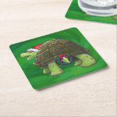 Tortoise in Santa Hat op groen Kartonnen Onderzetters (Schuin)