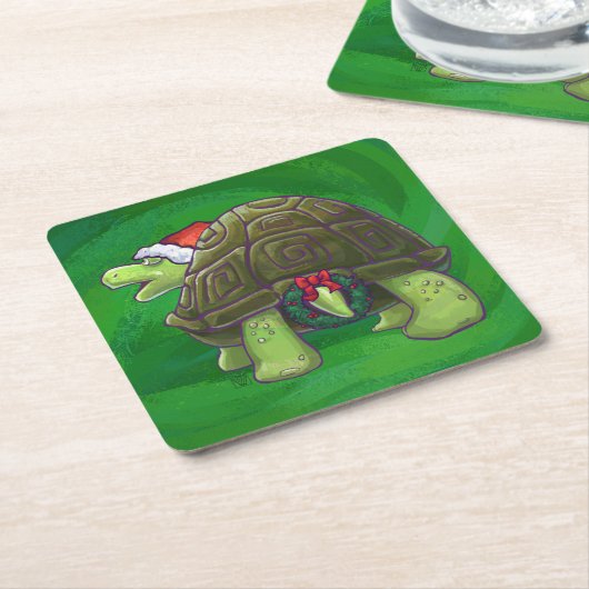 Tortoise in Santa Hat op groen Kartonnen Onderzetters (Schuin)