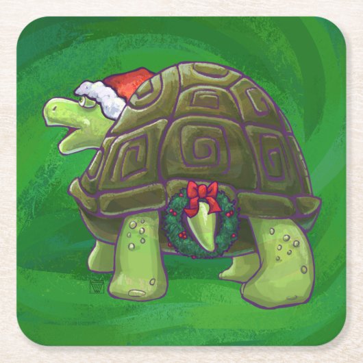 Tortoise in Santa Hat op groen Kartonnen Onderzetters (Voorkant)
