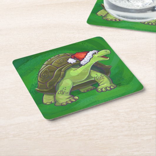 Tortoise in Santa Hat op groen Kartonnen Onderzetters (Schuin)