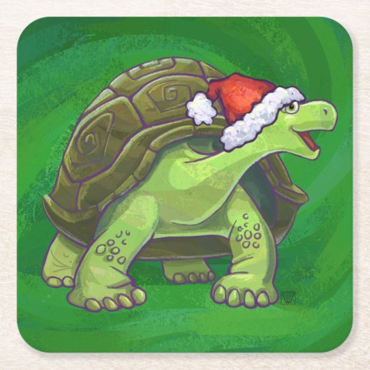 Tortoise in Santa Hat op groen Kartonnen Onderzetters (Voorkant)