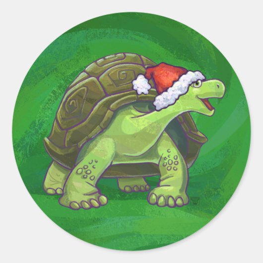 Tortoise in Santa Hat op groen Ronde Sticker (Voorkant)