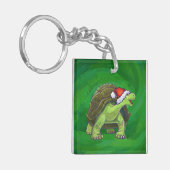 Tortoise in Santa Hat op groen Sleutelhanger (Voorkant Links)
