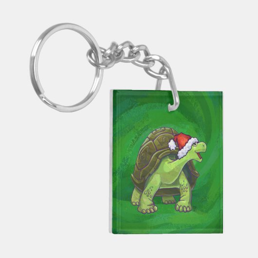 Tortoise in Santa Hat op groen Sleutelhanger (Voorkant Links)