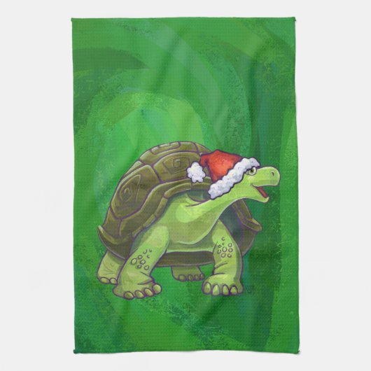 Tortoise in Santa Hat op groen Theedoek (Verticaal)
