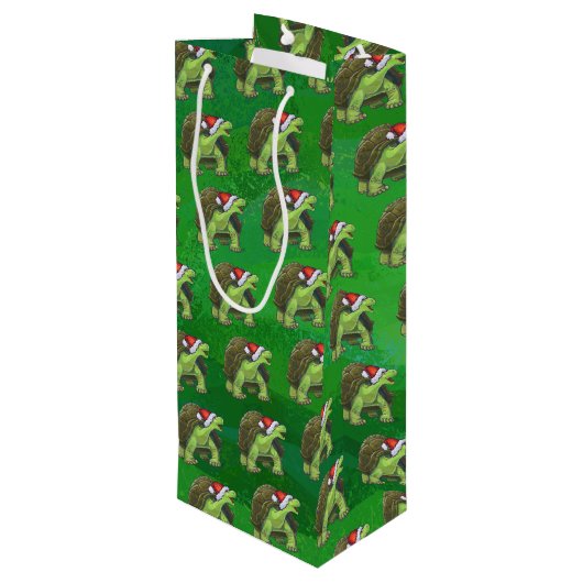 Tortoise in Santa Hat op groen Wijn Cadeautas (Achterkant Gekanteld)