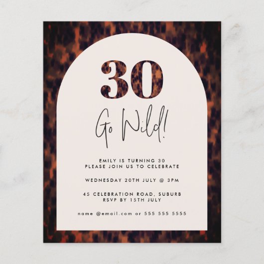Tortoiseshel Arch Wild 30 Birthday Budget Invite (Voorkant)