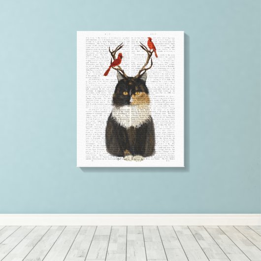 Tortoiseshel Kat met Antlers en Rode vogels Canvas Afdruk (Insitu (Houten vloer))