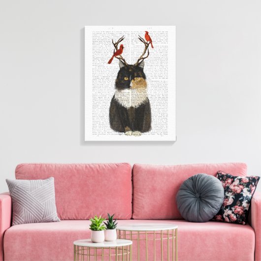 Tortoiseshel Kat met Antlers en Rode vogels Canvas Afdruk (Insitu (Woonkamer))