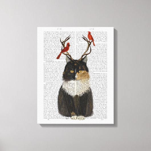 Tortoiseshel Kat met Antlers en Rode vogels Canvas Afdruk (Voorkant)