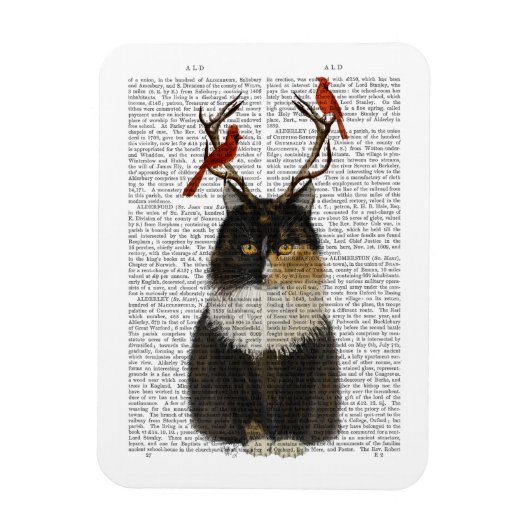 Tortoiseshel Kat met Antlers en Rode vogels Magneet (Verticaal)