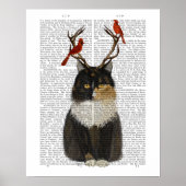 Tortoiseshel Kat met Antlers en Rode vogels Poster (Voorkant)