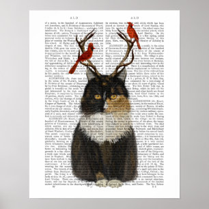 Tortoiseshel Kat met Antlers en Rode vogels Poster