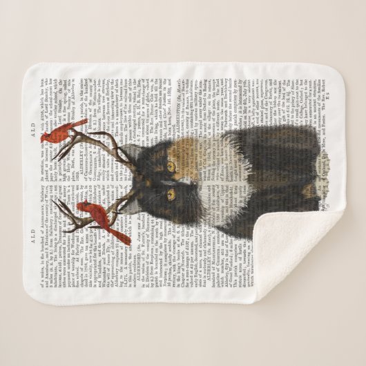 Tortoiseshel Kat met Antlers en Rode vogels Sherpa Deken (Voorkant (horizontaal))