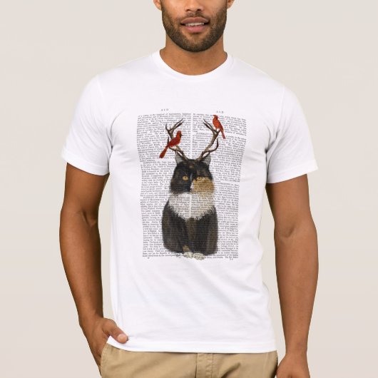 Tortoiseshel Kat met Antlers en Rode vogels T-shirt (Voorkant)