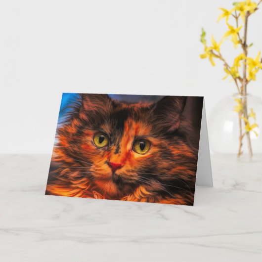 Tortoiseshell Fluffy Cat Digitale olieverfschilder Kaart (Gele Bloem)