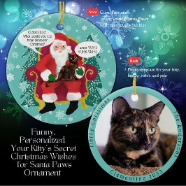 Tortoiseshell kat bezoekt de kerstman met hilarisc keramisch ornament