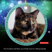 Tortoiseshell kat bezoekt de kerstman met hilarisc keramisch ornament