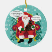 Tortoiseshell kat bezoekt de kerstman met hilarisc keramisch ornament (Voorkant)