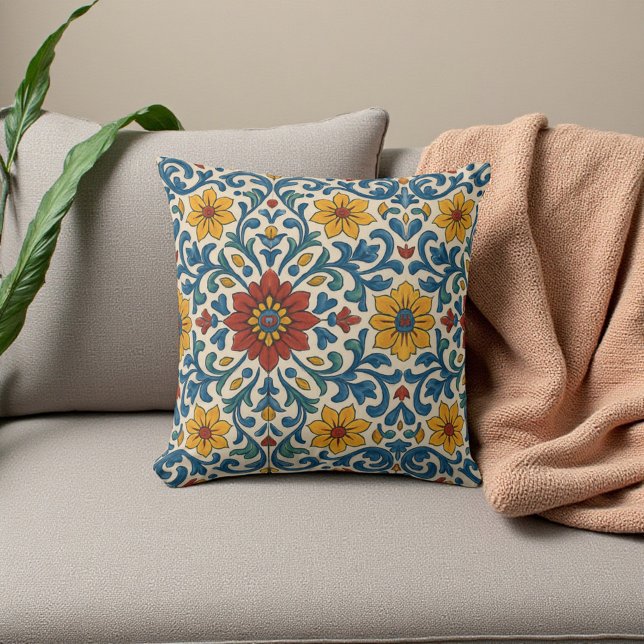 Toscaans Blauw en Wit Bloemen Botanische Zomer Boh Kussen (Tuscan Blue and White Floral Botanical Summer Boho Throw Pillow)
