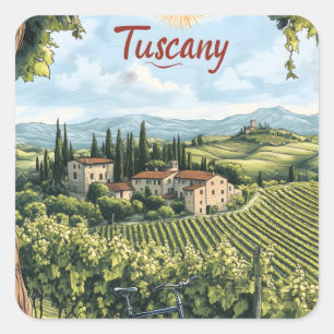 Toscaans landschap met wijngaarden en een fiets vierkante sticker