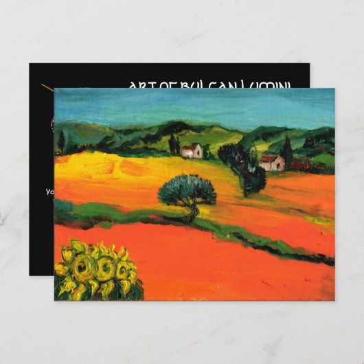 TOSCAANS LANDSCHAP MET ZONNEBLOEMEN IN ROOD ORANJE UITNODIGING BRIEFKAART (Voorkant / Achterkant)