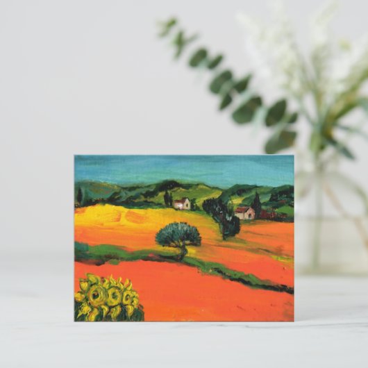 TOSCAANS LANDSCHAP MET ZONNEBLOEMEN IN ROOD ORANJE UITNODIGING BRIEFKAART (Staand voorkant)