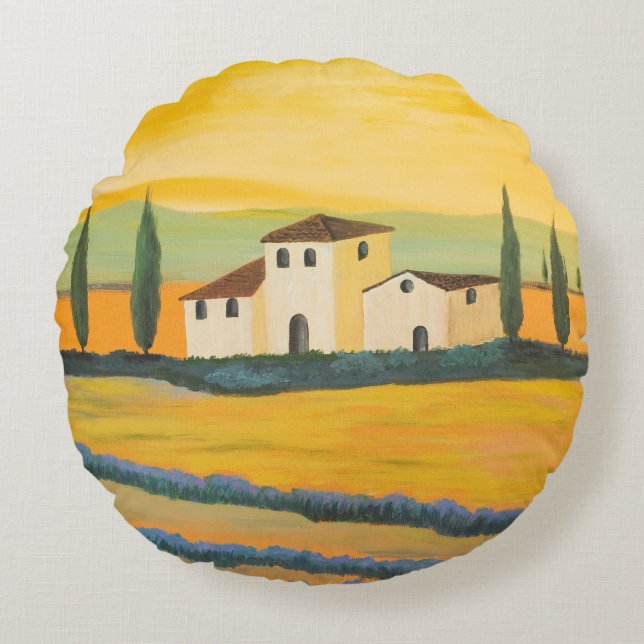 Toscaans landschap, privé schilder, acrylverf rond kussen (Voorkant)