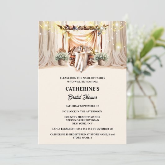 Toscaanse boho string lichten elegante eetgordijne kaart (Staand voorkant)