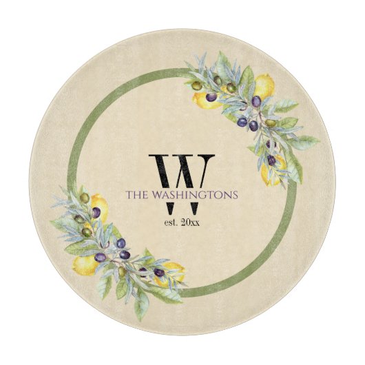 Toscaanse citroenen olijven ronde keuken snijplank (Voorkant)