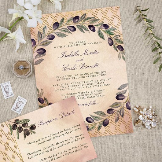 Toscaanse gouden rooster en olijftakken bruiloft kaart