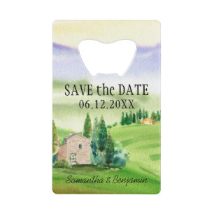 Toscaanse Italiaanse bruiloft save the date Creditkaart Flessenopener