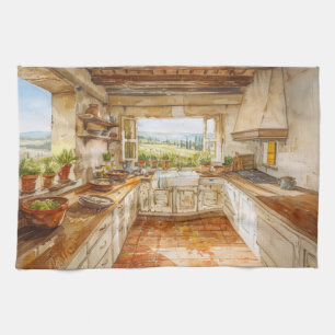Toscaanse landelijke keuken met zonovergoten boerd theedoek