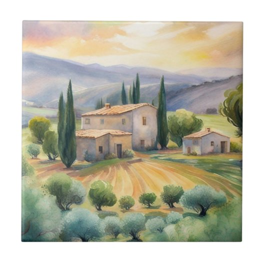 Toscaanse Landschap Waterverf Geschilderde Tegel Tegeltje (Voorkant)