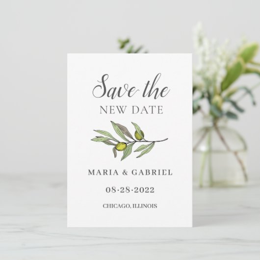 Toscaanse olijftak. Botanische bruiloft veranderin Save The Date (Staand voorkant)