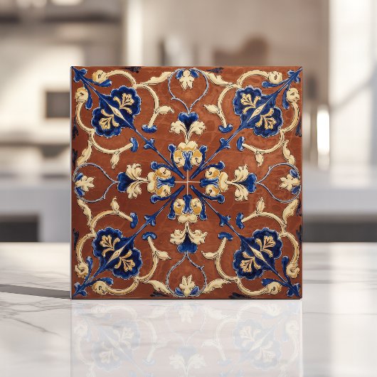 Toscaanse Terracotta Blauwe en Gouden Bloemen Tegeltje