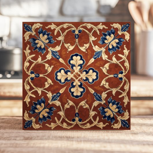 Toscaanse Terracotta Blauwe en Gouden Bloemen Tegeltje