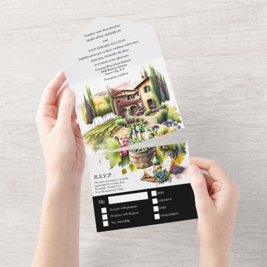 Toscaanse villa waterverf wijngaard Italiaans wijn All In One Uitnodiging (Afscheurbaar)