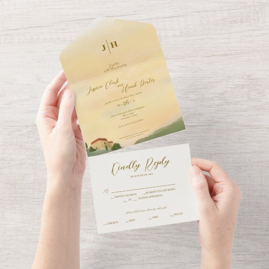 Toscaanse Waterverf bestemming bruiloft uitnodigin All In One Uitnodiging (Afscheurbaar)