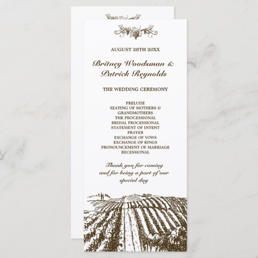 Toscaanse wijnmakerij Wijngaard Wedding Programma Programmakaart (Voorkant / Achterkant)