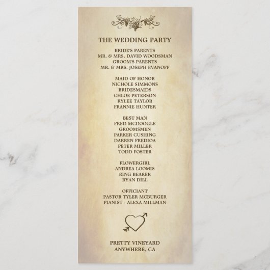 Toscaanse  wijnmakerij Wijngaard Wedding Programma Programmakaart (Achterkant)