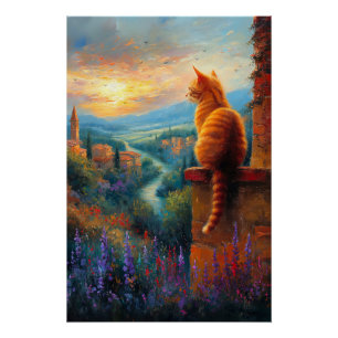 Toscaanse zonsondergang met een gemberkat perfect poster