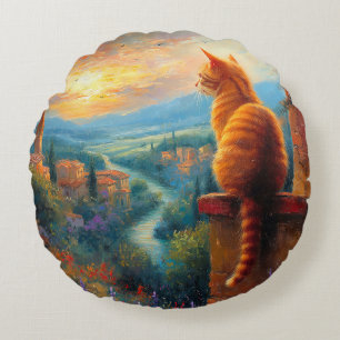Toscaanse zonsondergang met een gemberkat rond kussen