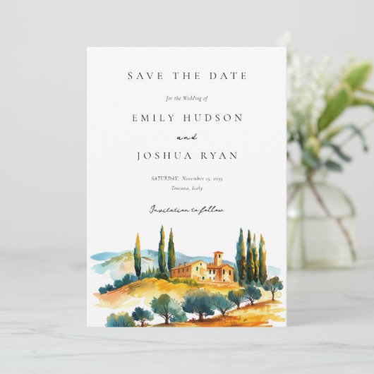 Toscana Landschap Italiaanse bruiloft Save The Date (Staand voorkant)
