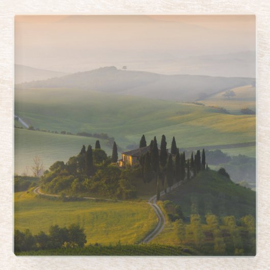 Toscane berglandschap op zonsopgang glazen onderzetter (Voorkant)
