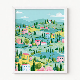 Toscane in turkoois met roze huizen illustratie poster