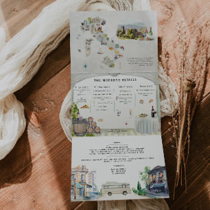 Toscane Italië   Geïllustreerde bruiloft Drieluik Uitnodiging